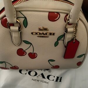 Coach Sydney Satchel heart Cherry print white bag crossbody
